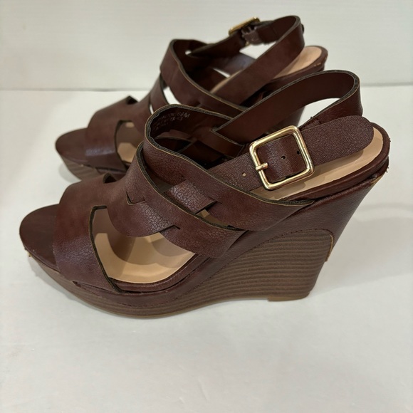 DOLLHOUSE Faux Leather Open Toe Strappy Platform Sandal Wedges - brown, size 6.5 - Picture 2 of 8